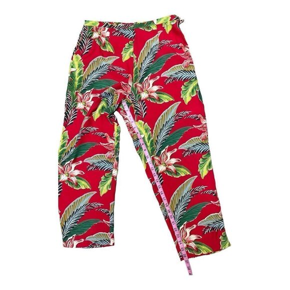 Vintage ILYSS HART Red Floral Tropical Pants Size 12 Green Palm Leaves - Picture 3 of 6